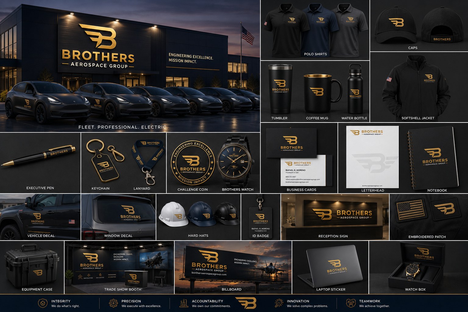 Brothers Aerospace Group brand applications including facility signage, apparel, fleet graphics, business materials, and equipment